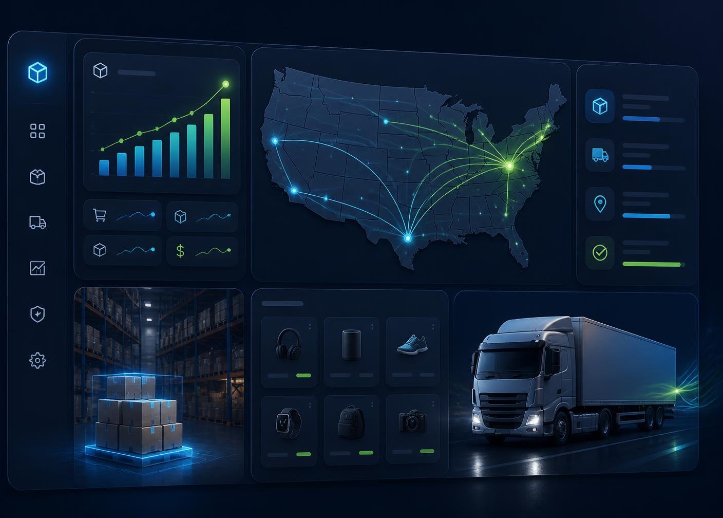 AlRimah Collection warehouse dashboard showing US shipping routes, live order analytics, and same-day fulfillment